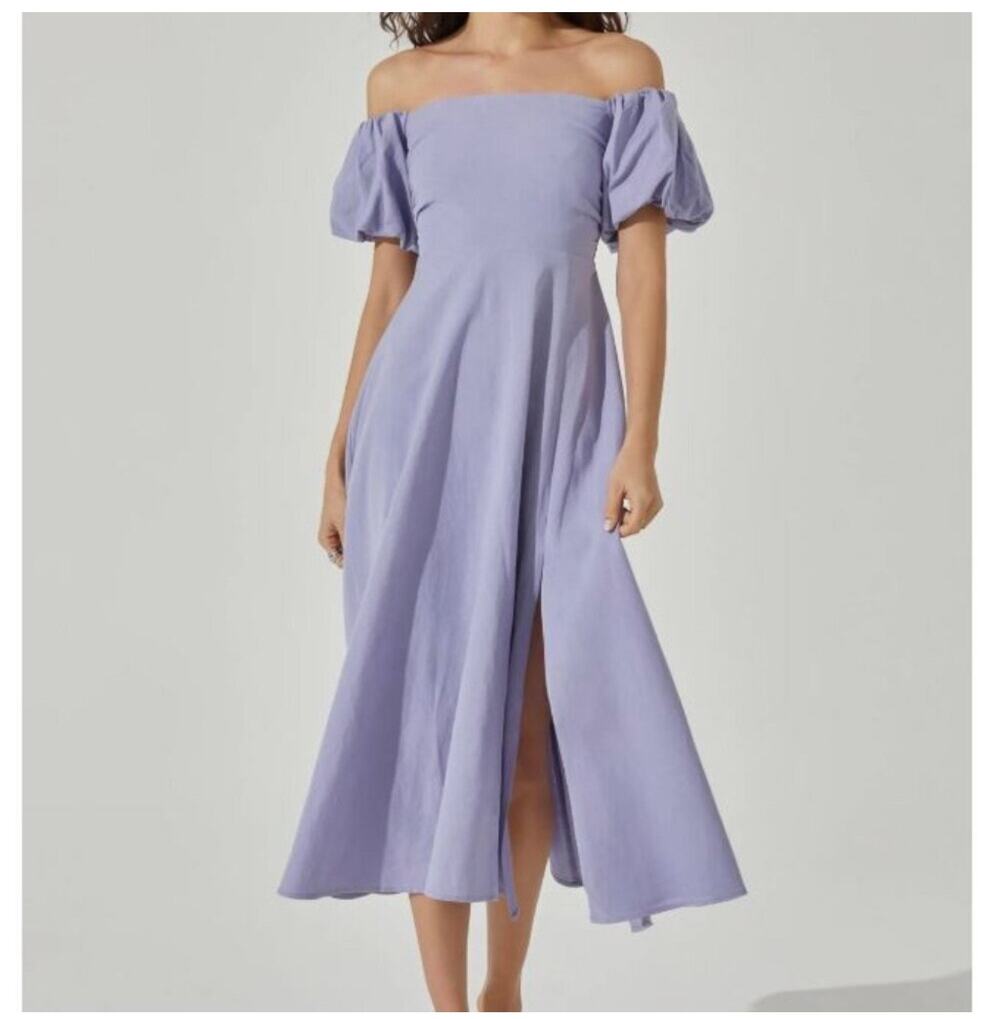 ASTR The Label Dress SZ Large NEW Periwinkle Linen Blend Midi Puff Smock NWOT